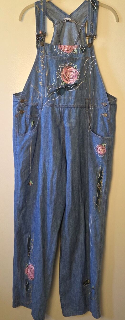 Vintage Sarah Hand Painted Denim Overalls XL Pink Roses Floral Cottagecore Boho
